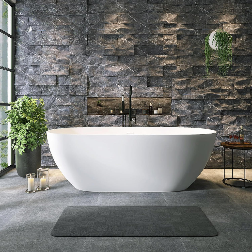 68' Resin Stone Freestanding Bathtub, Oval Solid Surface Freestanding Tub, Stand Alone Tub, Integrated Slotted Overflow and Pop-up Drain, Matte White