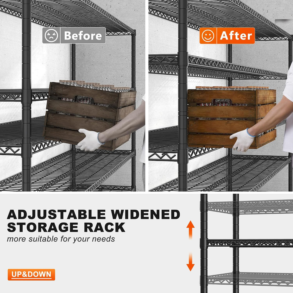 REIBII 85.7'H Garage Shelving 2998LBS Storage Shelves with Wheels&Feet,5 Tier Garage Shelves Heavy Duty Adjustable Wire Shelving for Basement Commercial Industrial Pantry, 85.7'H X 55.5'W X 24.2'D