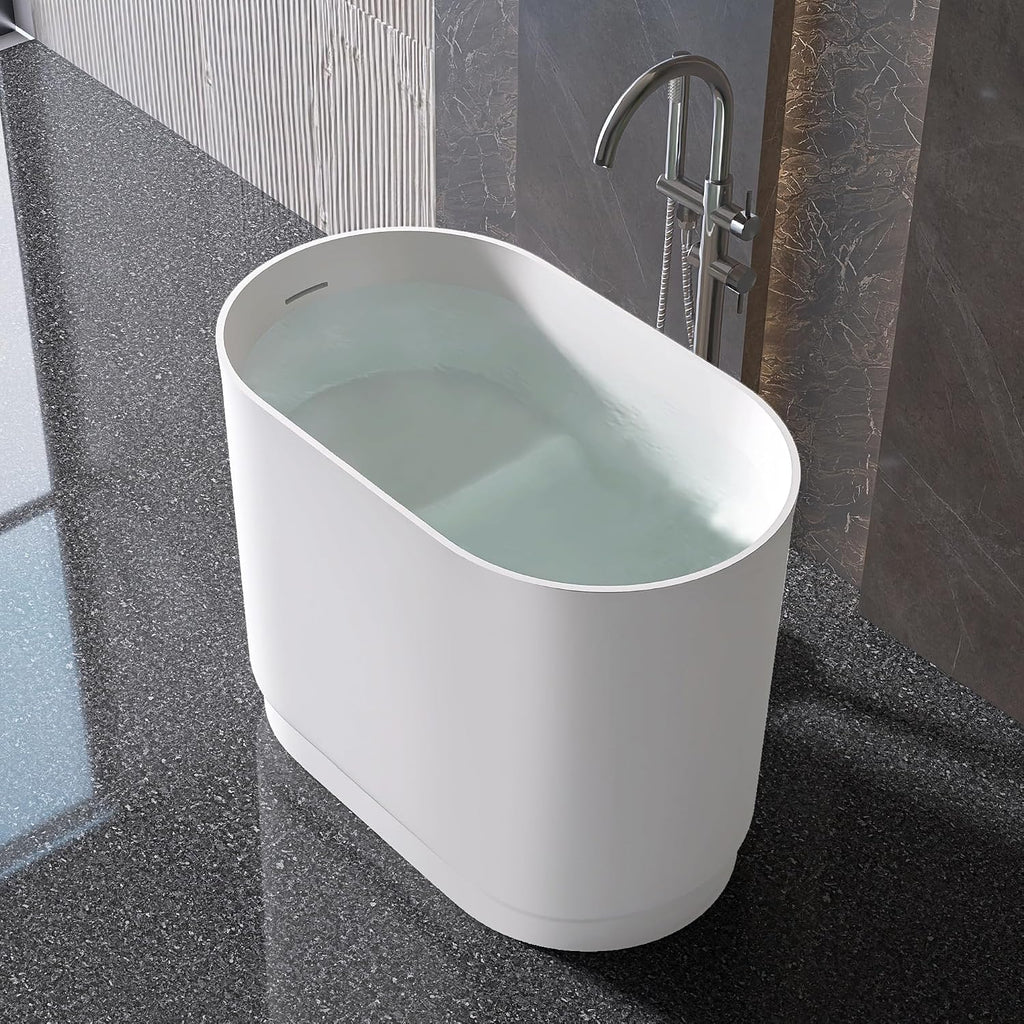 39' Stone Resin Janpanese Soaking Tub, Freestanding Deep Soaking Bathtub with Seat Desgin,Toe-tap Chrome Right Drain, Slotted Overflow, cUPC Certified, in Matte White