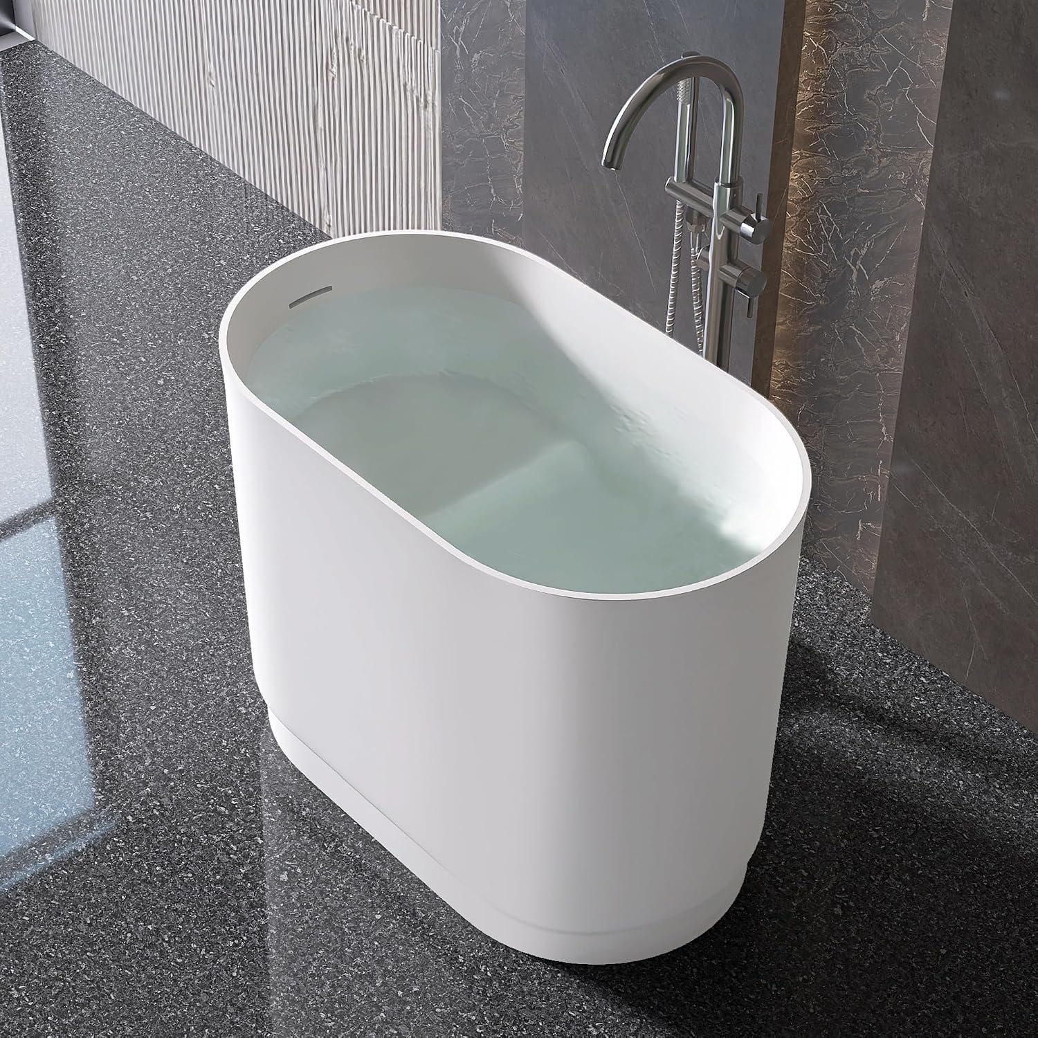 39' Stone Resin Janpanese Soaking Tub, Freestanding Deep Soaking Bathtub with Seat Desgin,Toe-tap Chrome Right Drain, Slotted Overflow, cUPC Certified, in Matte White