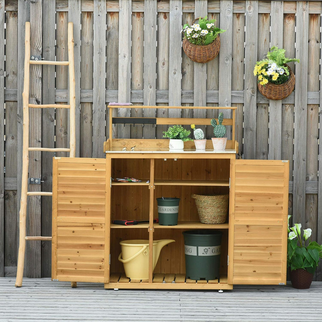 Garden Potting Bench Table Wooden Workstation Shed with Tabletop, Hooks, 3 Tier Shelves Cabinet and 2 Magnetic Close Doors