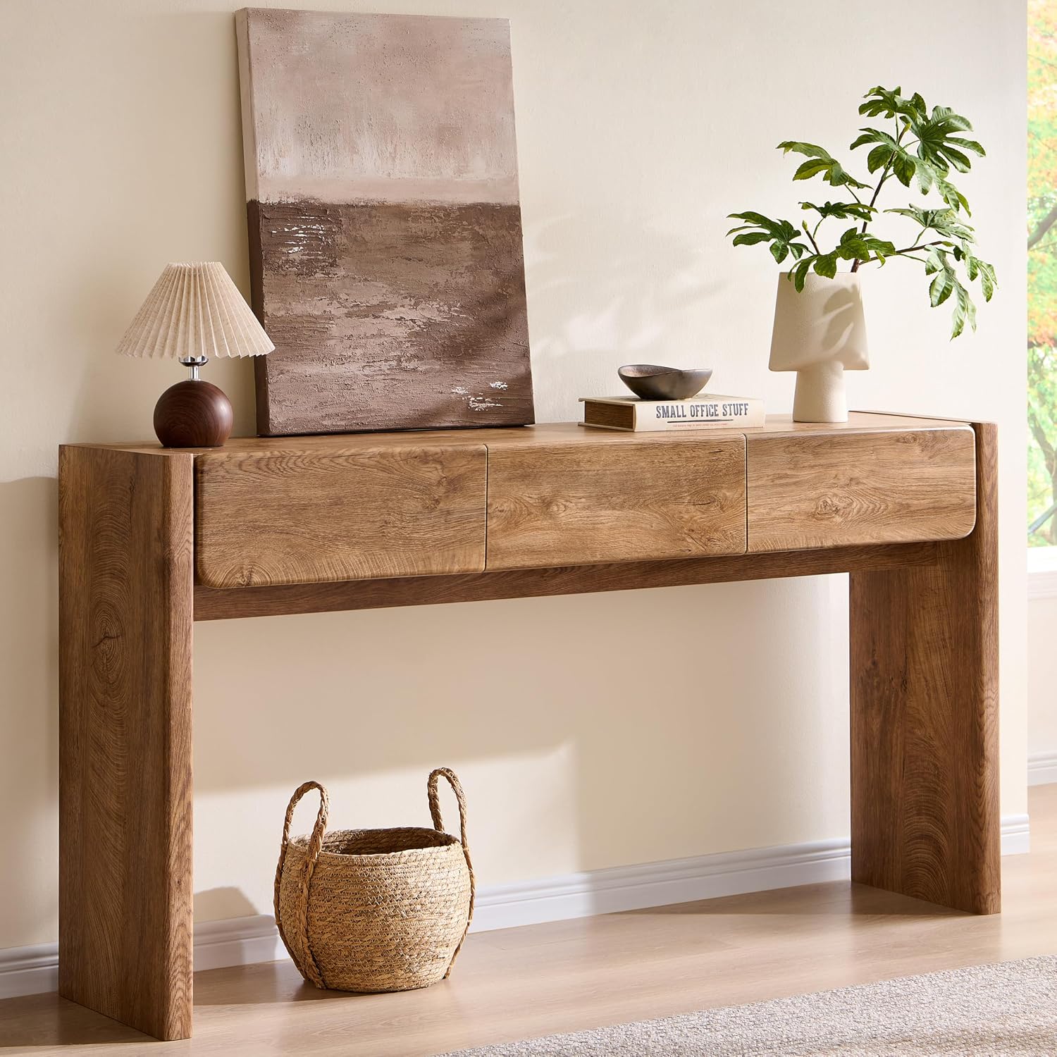OKD 63'' Console Table with 3 Drawers, Farmhouse Entryway Table with Rounded Corners, Console Table Behind Couch for Living Room/Hallway-Light Knotty Oak