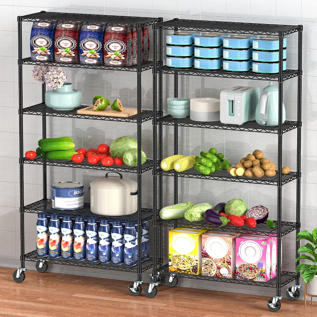 Heavy Duty Wire Metal Shelving with Wheels 6 Tier Garage Storage Utility Rolling Shelves Rack Unit Industrial Adjustable Sturdy Shelving for Kitchen Garage Pantry Bathroom Laundry