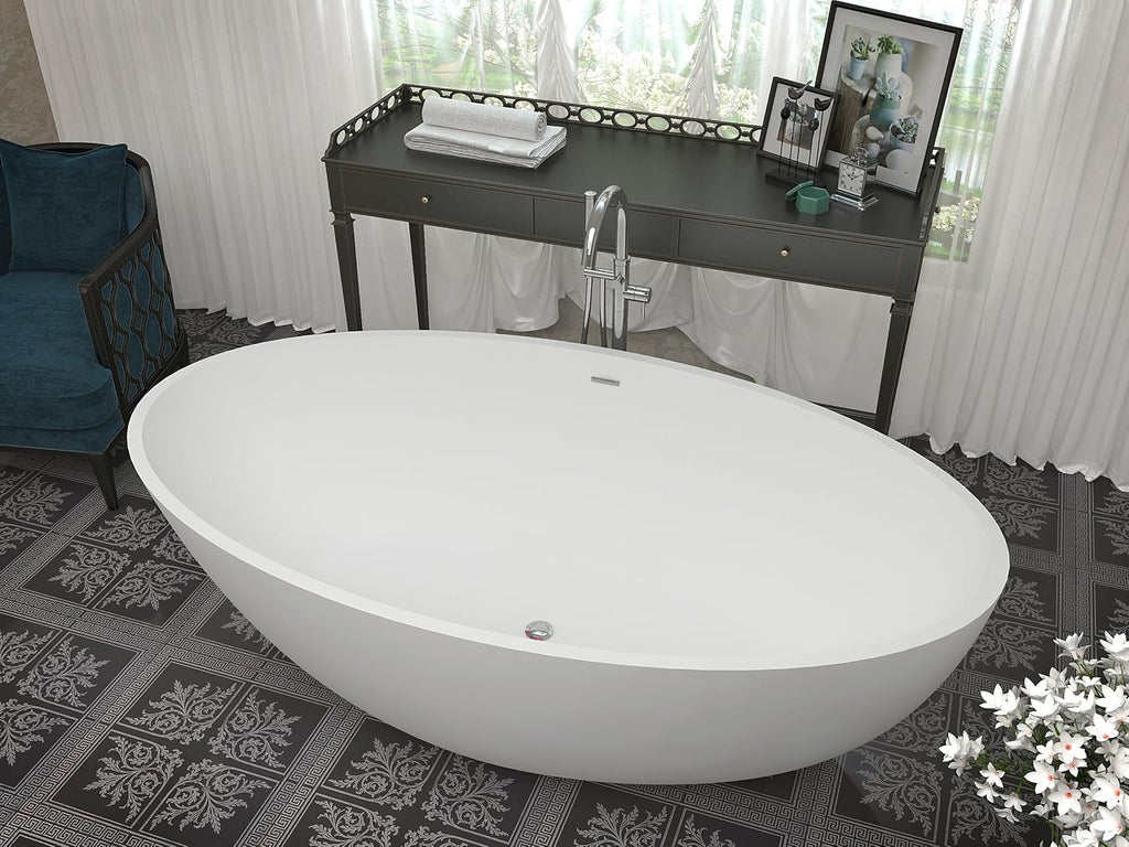 ANZZI Freestanding Bathtub 67 In Flat Bottom Solid Surface Matte White Cestino Series One Piece Soaking Tub Center Drain With Overflow Modern Bathroom Design Deep Basin Ergo FT-AZ510 | FT-AZ510