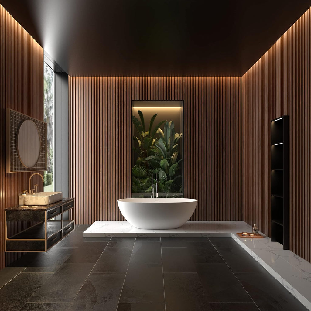 65' Freestanding Solid Surface Bathtub - Luxury Handcrafted Stone Resin Soaking Tub with Overflow, Pop-up Drain & Matte White Finish for Spa-Like Relaxation