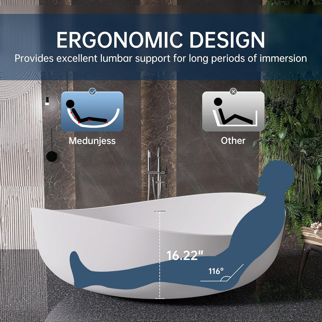Stone Resin Freestanding Bathtub 71', Elegant Oval Shape Soaking Tub, Solid Surface Stand Alone Bathtub with Drain & Integrated Slotted Overflow Matte White AMMG015-1800
