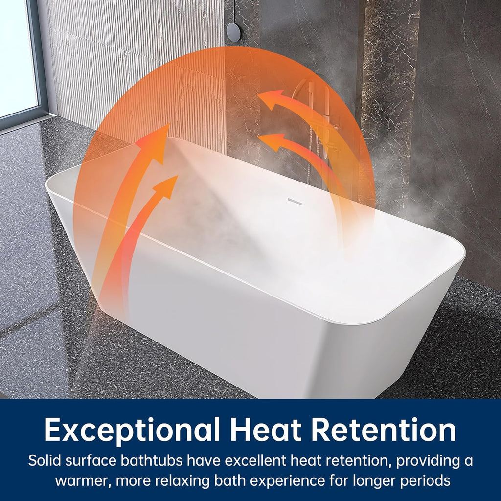 Stone Resin Freestanding Bathtub 67 ', Elegant Oval Shape Soaking Tub, Solid Surface Stand Alone Bathtub with Drain & Integrated Slotted Overflow Matte White AMFS340-1700