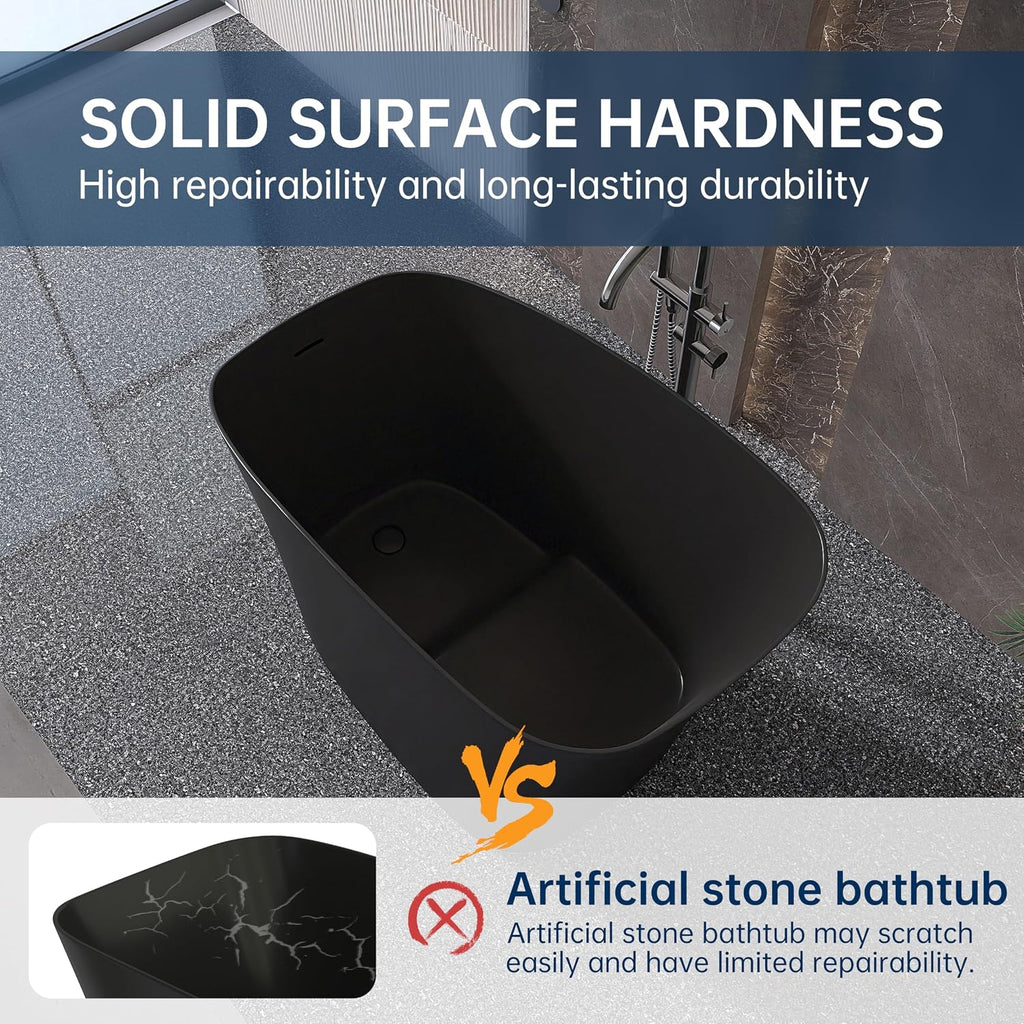 51'' Japanese Soaking Tub Freestanding Bathtub Resin Stone Bathtubs Deep soaking Tub with Overflow and Pop-up Drain - black