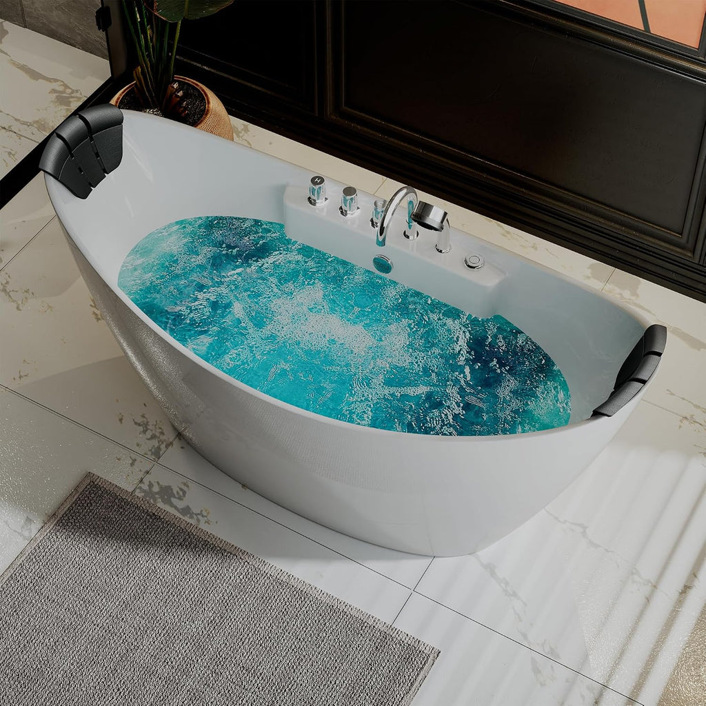Empava 59' x 28' Freestanding Whirlpool Tub with Center Drain,560W Stand Alone Bathtub with 8 Hydromassage Jets, Unique Boat-Shaped,Acrylic,ETL Certified