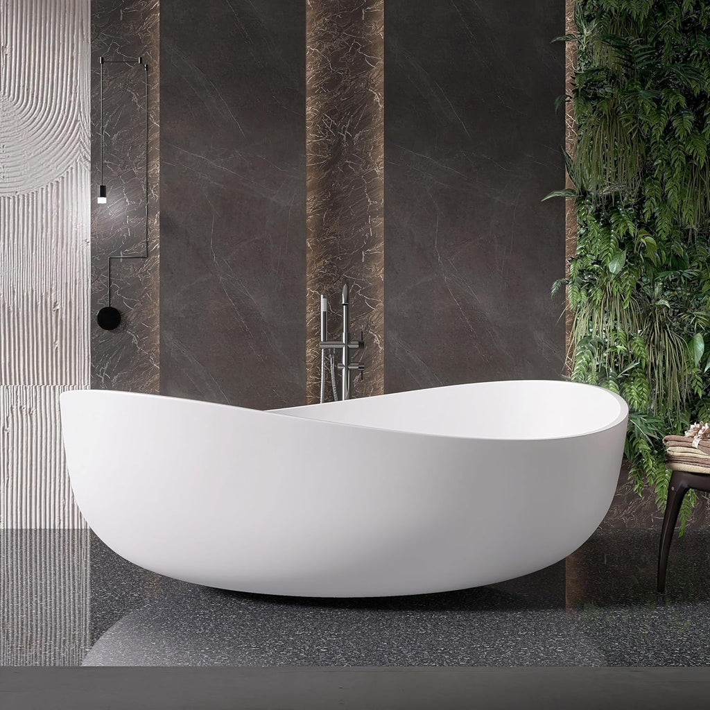 Stone Resin Freestanding Bathtub 71', Elegant Oval Shape Soaking Tub, Solid Surface Stand Alone Bathtub with Drain & Integrated Slotted Overflow Matte White AMMG015-1800