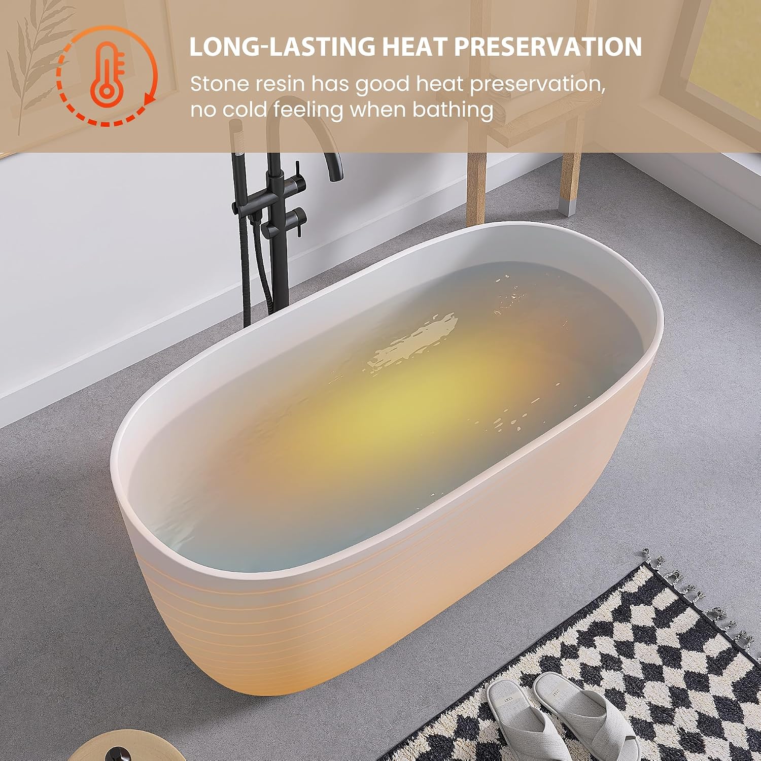 SJ STAR&JANE 47' Solid Surface Freestanding Bathtub Modern Stone Resin Oval Soaking Tub with Side Drain in Matte White