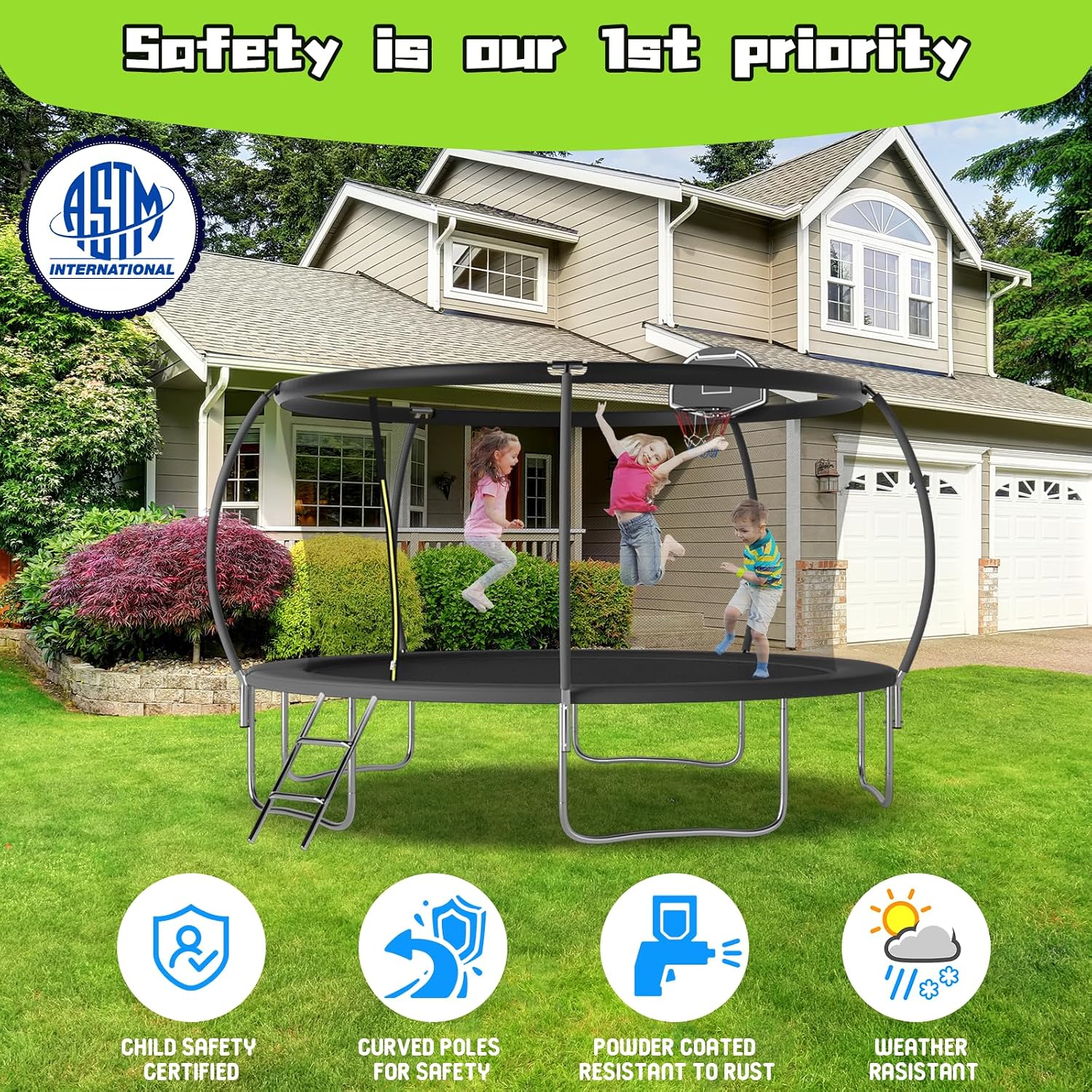 Tranpoline 10FT 12FT 14FT 16FT Tranpoline for Kids with Safety Enclosure Net Recreational Tranpoline for Adults ASTM Approval Backyard Outdoor Tranpoline with Basketball Hoop