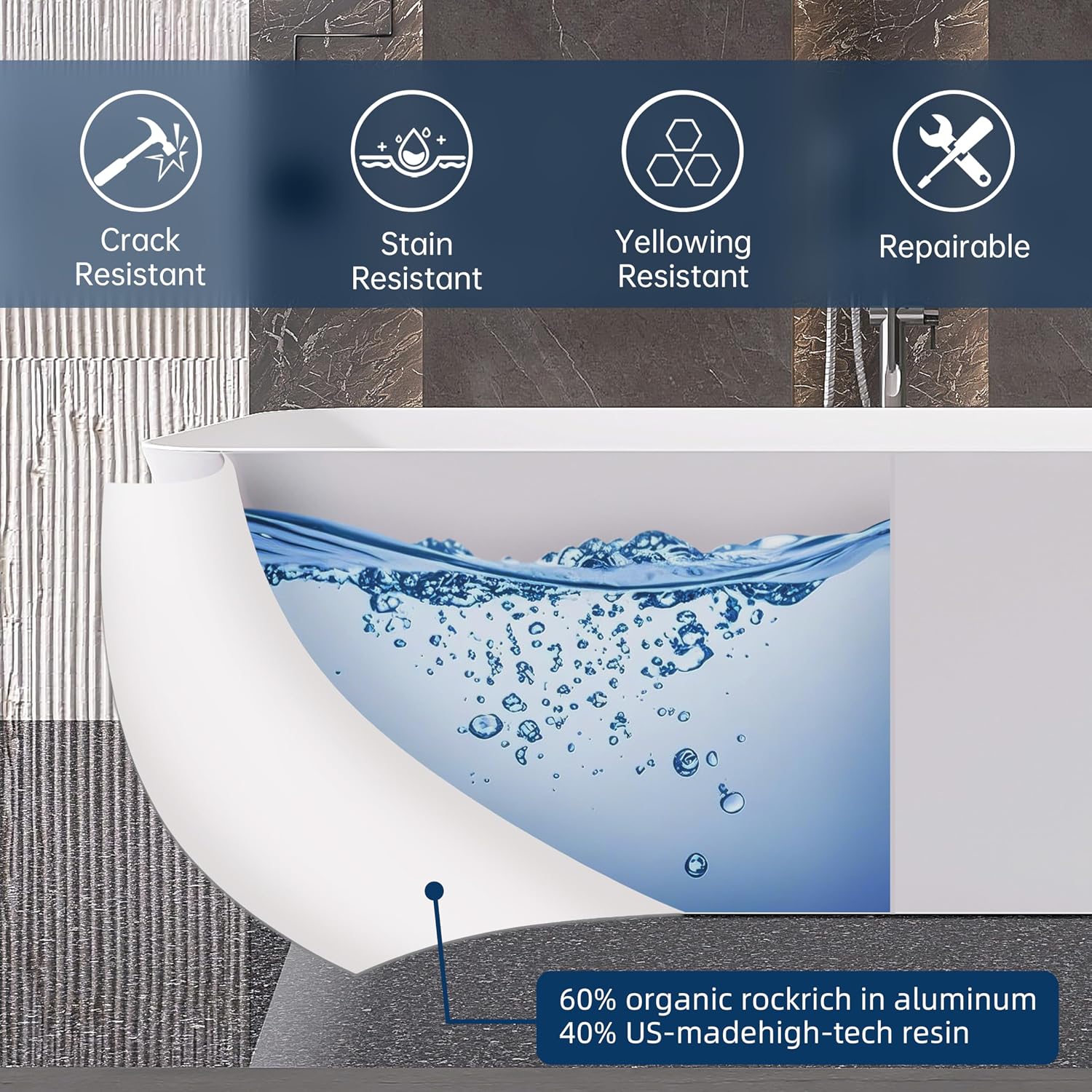Stone Resin Freestanding Bathtub 67 ', Elegant Oval Shape Soaking Tub, Solid Surface Stand Alone Bathtub with Drain & Integrated Slotted Overflow Matte White AMFS340-1700