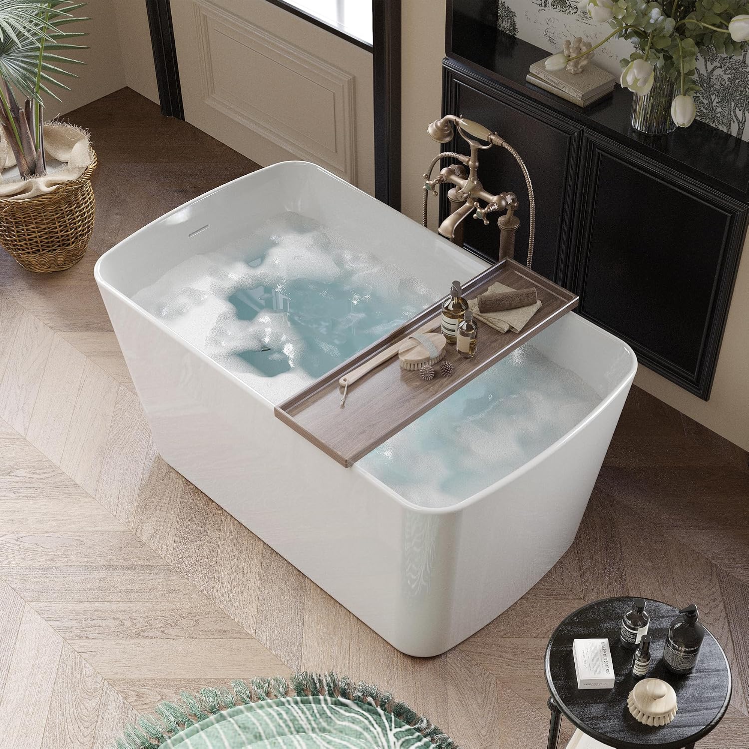Abruzzo 49'Acrylic Free Standing Tub,Janpanese Soaking Tub with Seat Desgin,Modern Soaking Bathtub with cUPC Certified(Glossy White)