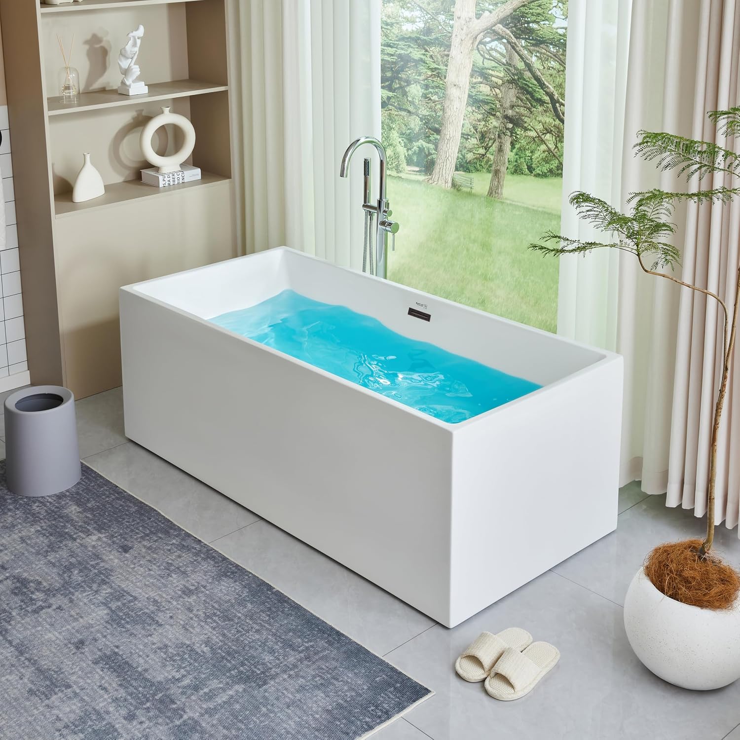 HomeBeyond 67 Inch Freestanding Tub | Acrylic Freestanding Bathtub, Square Flatbottom Freestanding Bathtub Stand Alone Tub with Pop-up Drain Overflow