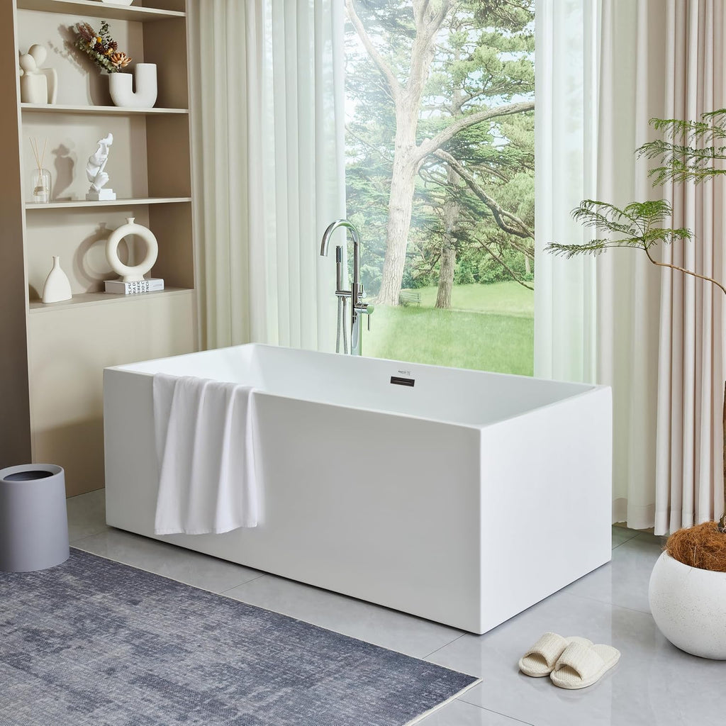 HomeBeyond 67 Inch Freestanding Tub | Acrylic Freestanding Bathtub, Square Flatbottom Freestanding Bathtub Stand Alone Tub with Pop-up Drain Overflow