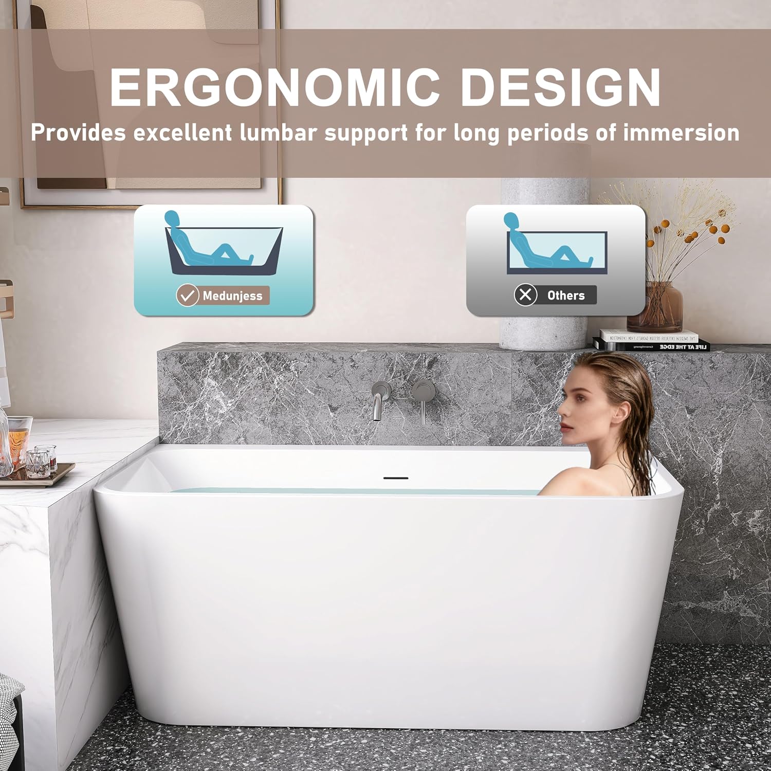 55' Acrylic Back-to-Wall Bathtub,Freestanding Bathtubs, Stand Alone Tub, Soaking Tubs for Bathroom, Integrated Overflow and Drain, cUPC Certified, Gloss White