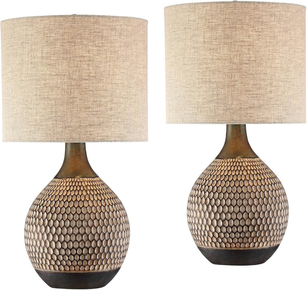 360 Lighting Emma 21' High Small Mid Century Modern Accent Table Lamps Set of 2 Brown Wood Finish Ceramic Oatmeal Shade Living Room Bedroom Bedside Nightstand House Office Home Kitchen