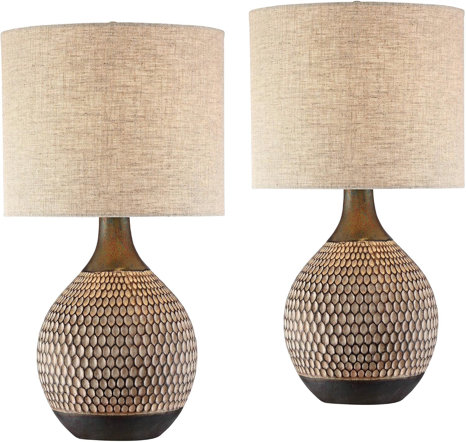 360 Lighting Emma 21' High Small Mid Century Modern Accent Table Lamps Set of 2 Brown Wood Finish Ceramic Oatmeal Shade Living Room Bedroom Bedside Nightstand House Office Home Kitchen