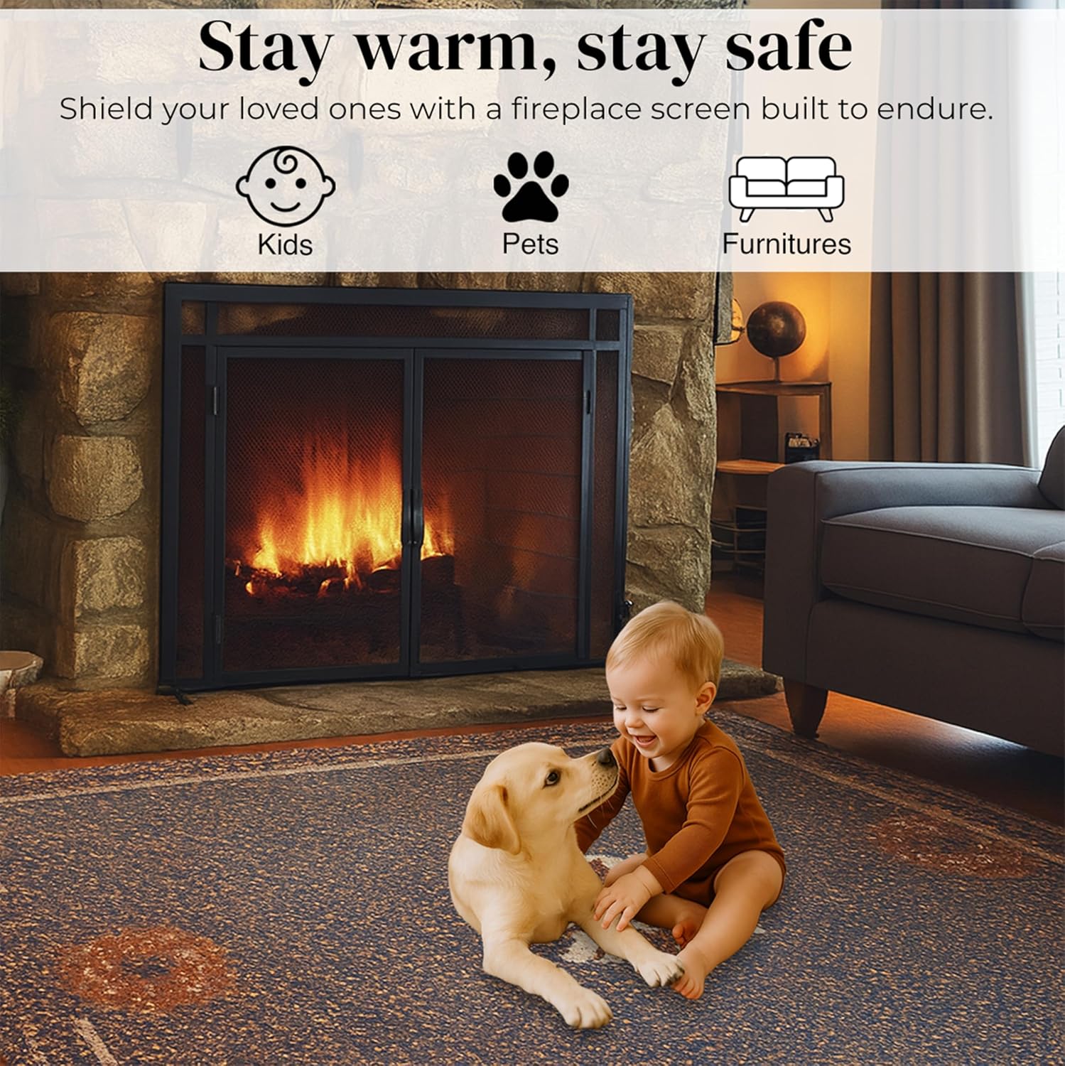 Plow & Hearth Metal Fireplace Screen Glass Black | 38' W x 31' H | Dual Magnetic Hinged Doors | Spark Guard Cover | Stand Alone Wrought Iron Panel Fire Place Cover