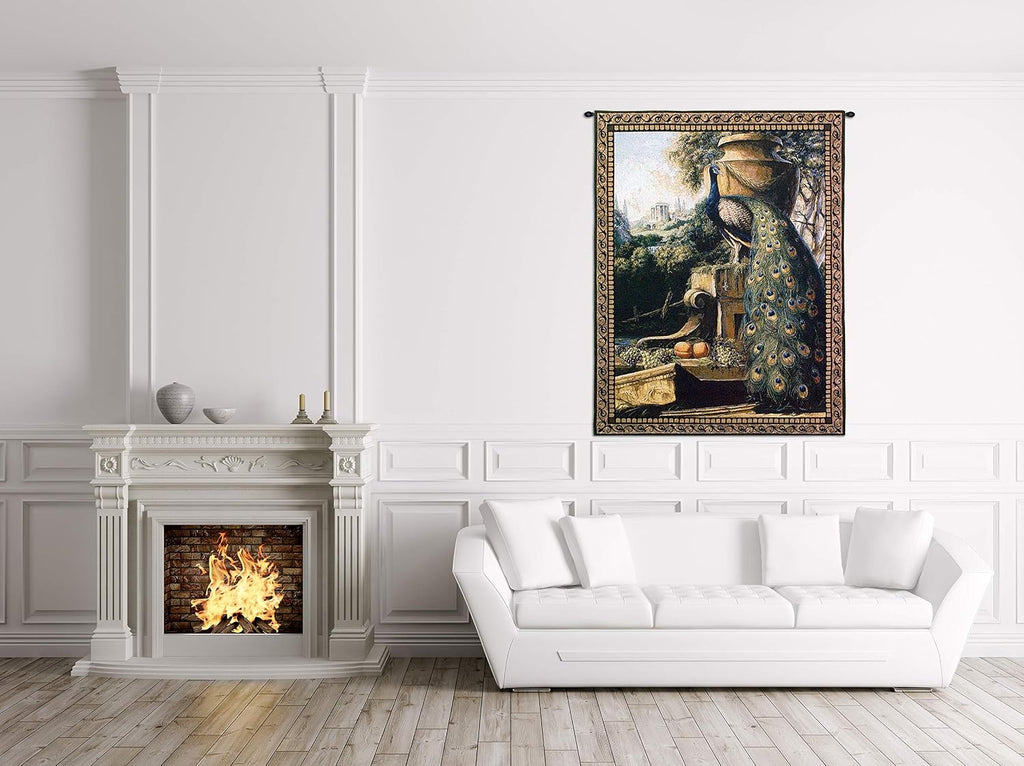 Un Paradise in Terra | Woven Tapestry Wall Art Hanging | Vivid Posing Peacock | 100% Cotton USA Size 53x40