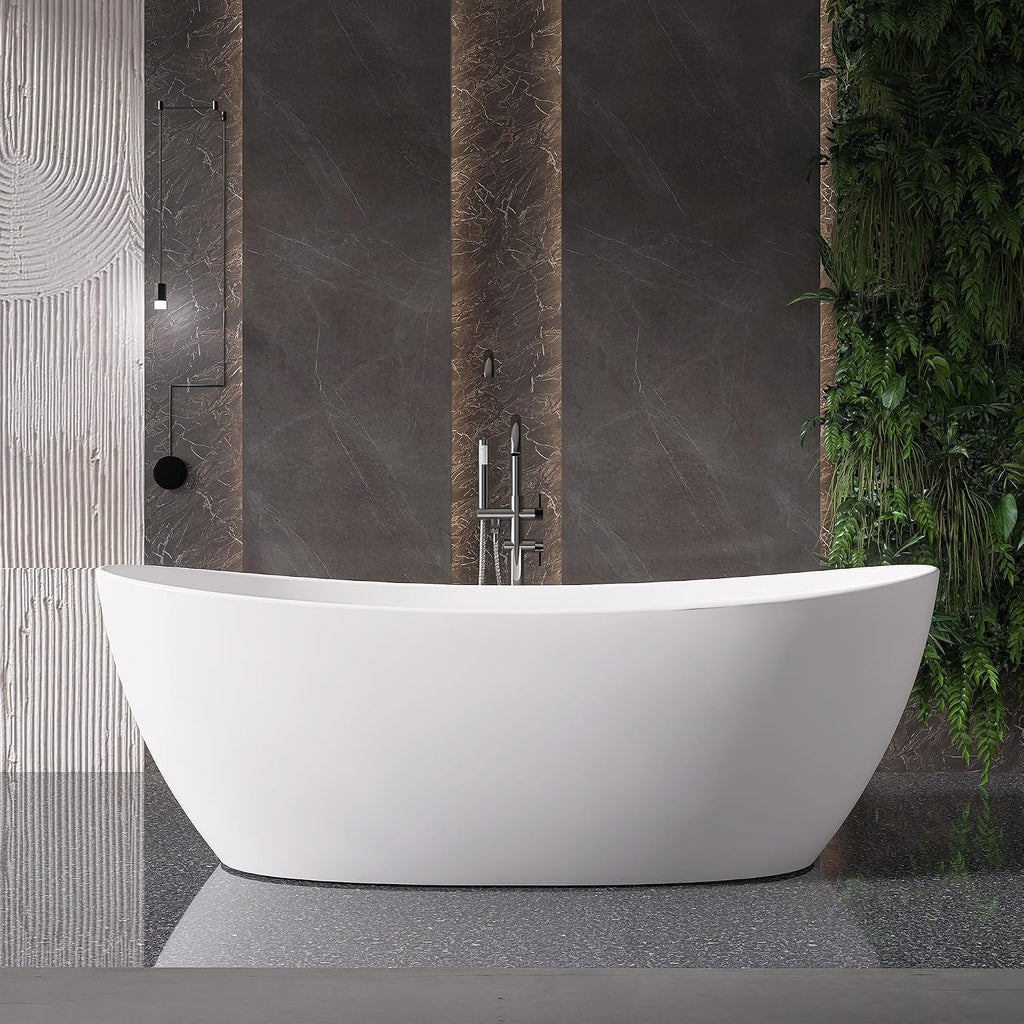 73'' Freestanding Bathtub, Stone Resin Free Standing Tub, High-Back Soaking Tub, Contemporary Design Stand Alone Tub with Pop-up Drain and Overflow, 2 Person Bathtub
