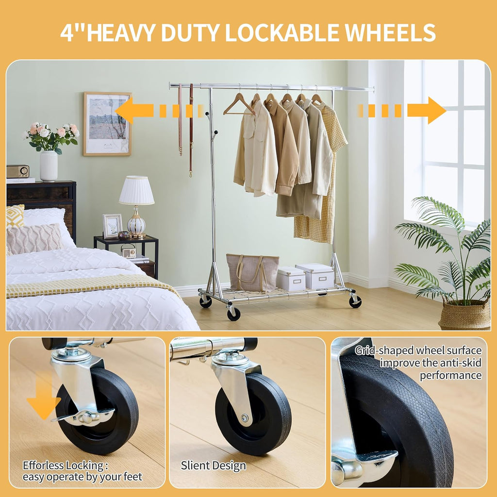 Heavy-Duty 600LBS Rolling Clothes Rack - Commercial-Grade, Adjustable, Extendable & Collapsible Garment Rack with Wheels and Triangular Stability Bracket