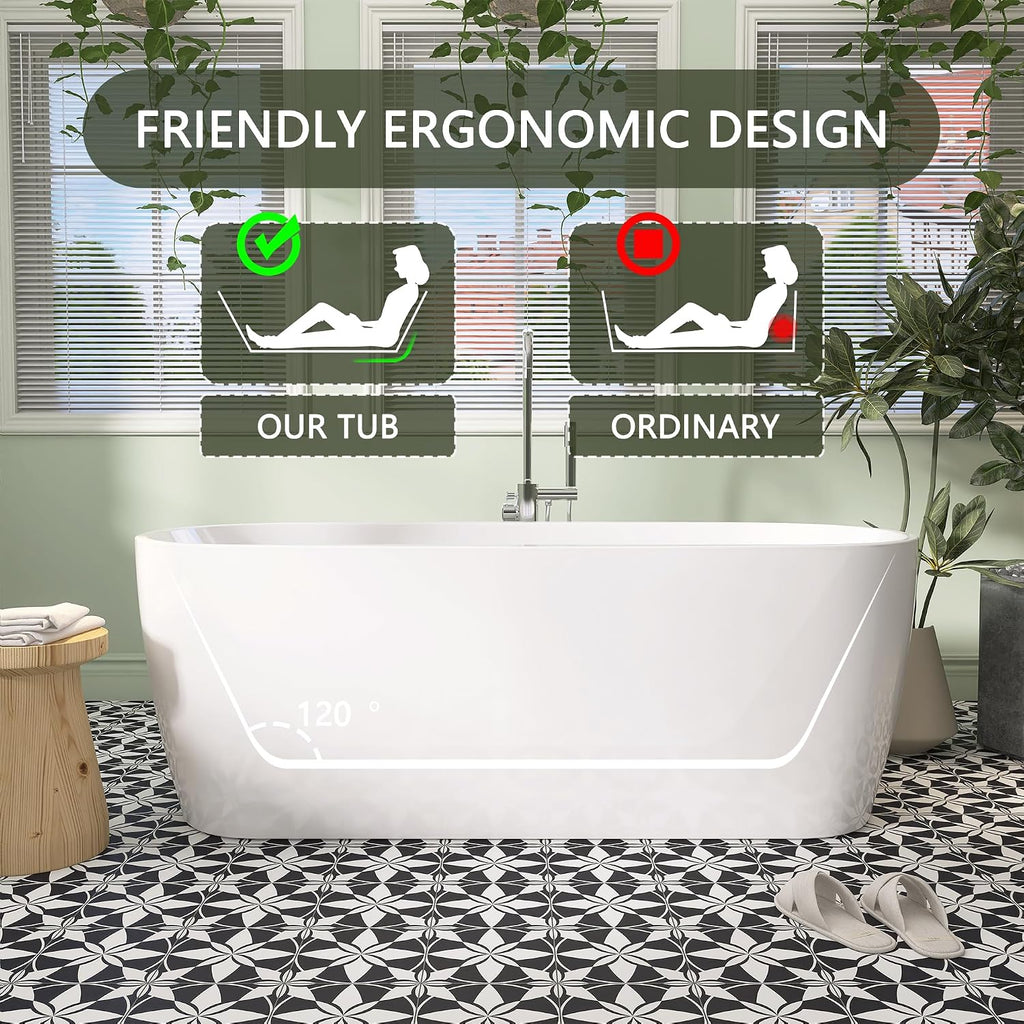 59' Free Standing Tub, Pure Acrylic Freestanding Bathtub, Stylish Stand Alone Contemporary Deep Soaking Bath Tub, cUPC Certified (Glossy White)