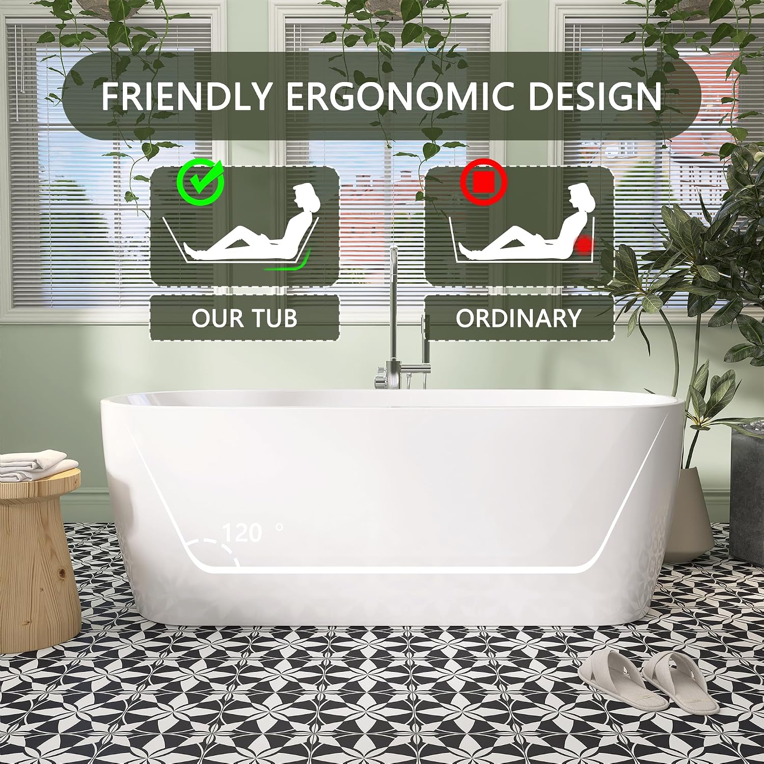59' Free Standing Tub, Pure Acrylic Freestanding Bathtub, Stylish Stand Alone Contemporary Deep Soaking Bath Tub, cUPC Certified (Glossy White)