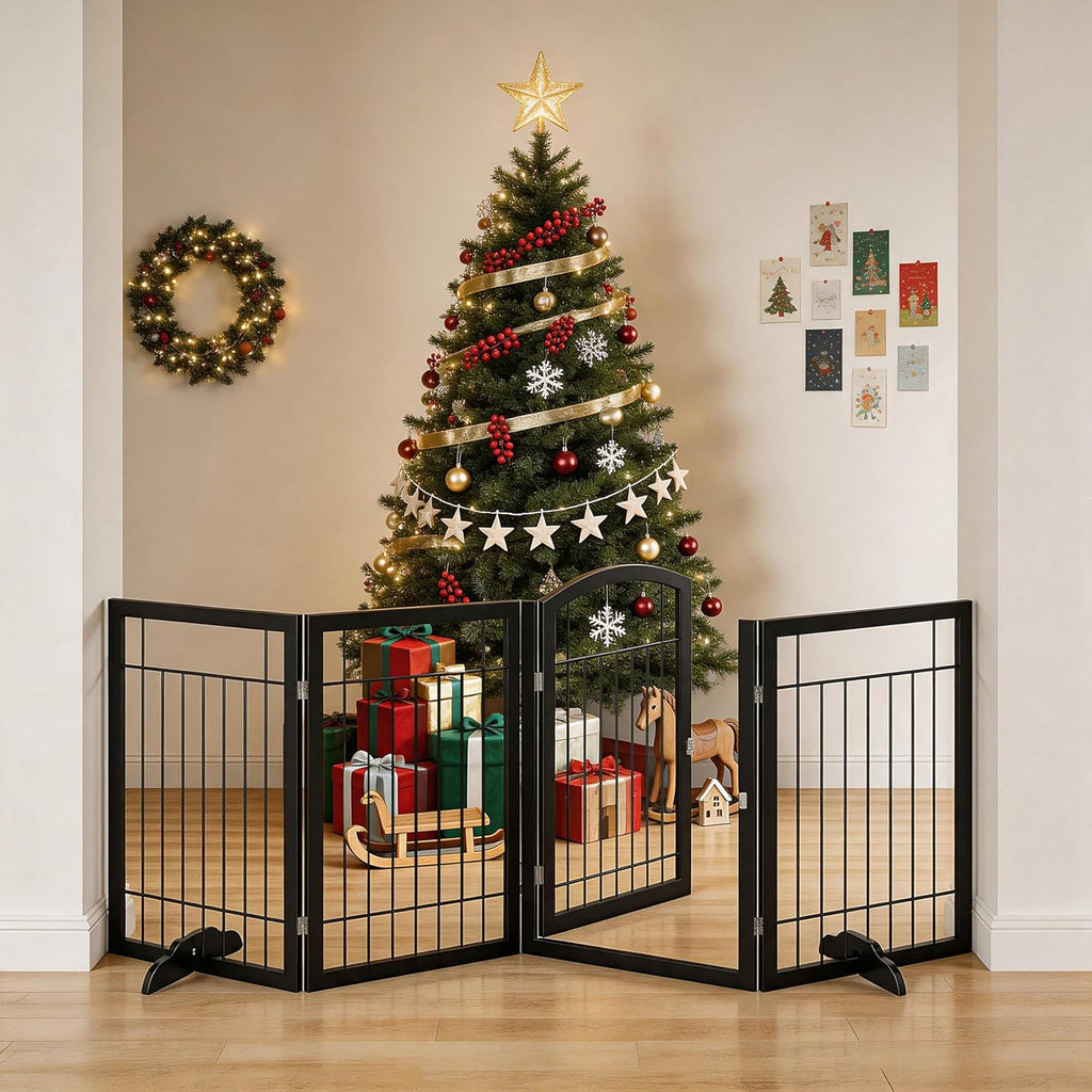 Vantas Folding Pet Gate 96' Wide, 30' Tall No-Assembly Metal Dog Gate with Door Walk Through, Freestanding Wire Pet Puppy Safety Fence, with 2PCS Support - Black