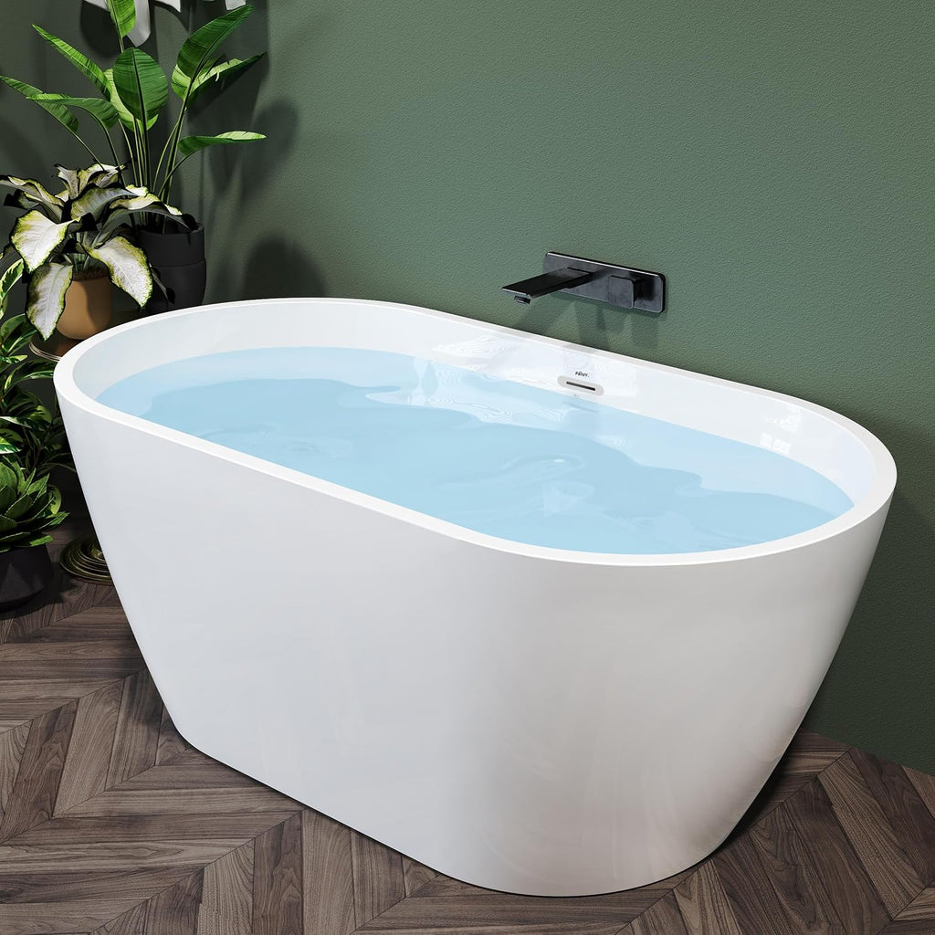 FerdY Nauru 55' Acrylic Freestanding Bathtub, Gracefully Shaped Freestanding Soaking Bathtub, Glossy White cUPC Certified, Toe-Tap Chrome Drain&FerdY Back Scrubber for Shower, Body Brush for Men Women
