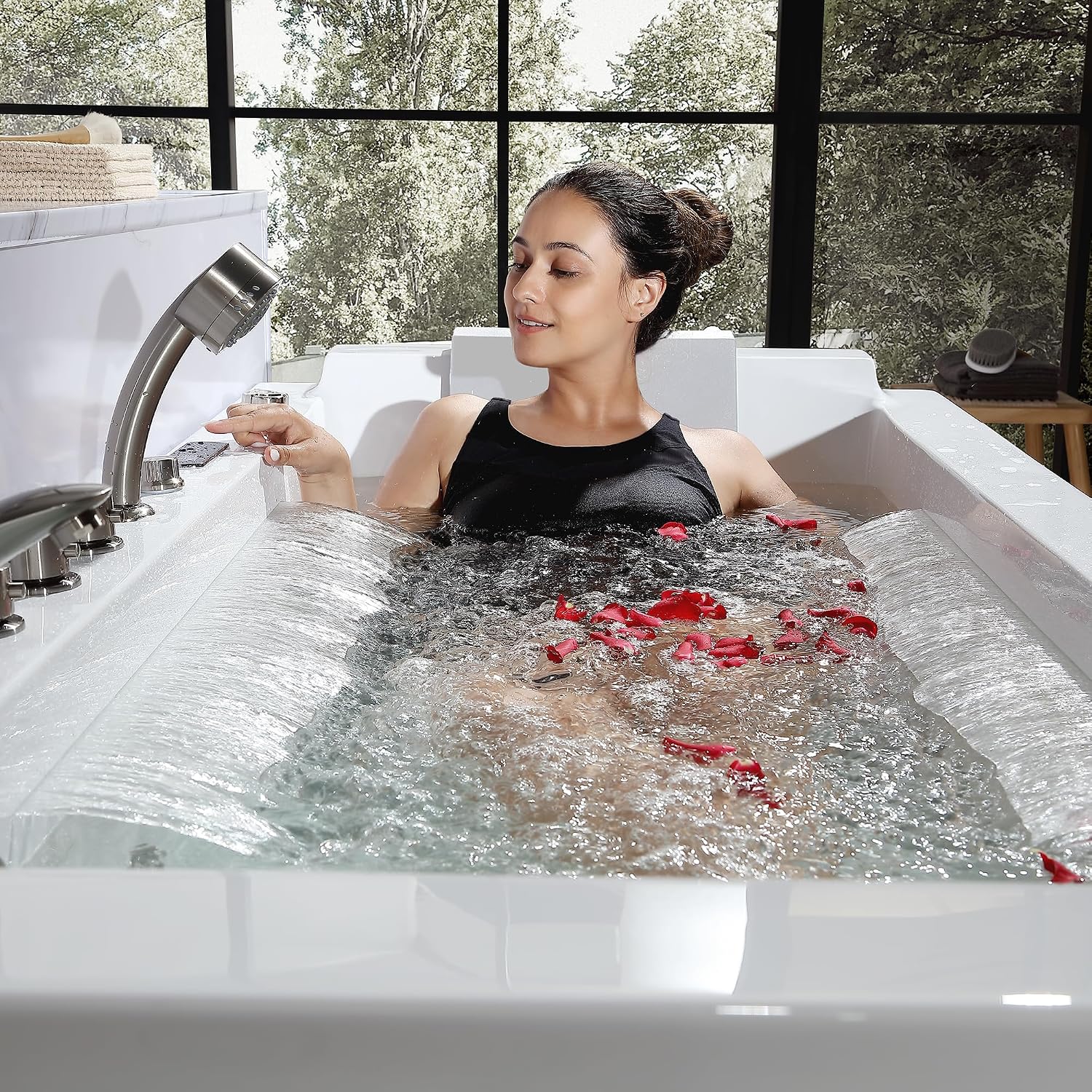 Empava Acrylic Whirlpool Bathtub, 71-Inch Jetted Bathtub with Healing Chromotherapy, Heated tub with LED Control Panel, Comforting Hydro Massage Tub with Waterfall, Brushed Nickel Hardware and Nozzles