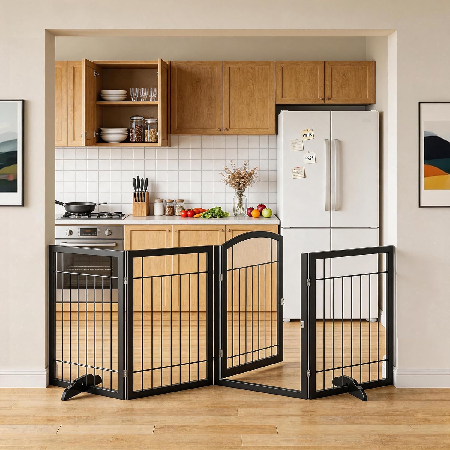 Vantas Folding Pet Gate 96' Wide, 30' Tall No-Assembly Metal Dog Gate with Door Walk Through, Freestanding Wire Pet Puppy Safety Fence, with 2PCS Support - Black
