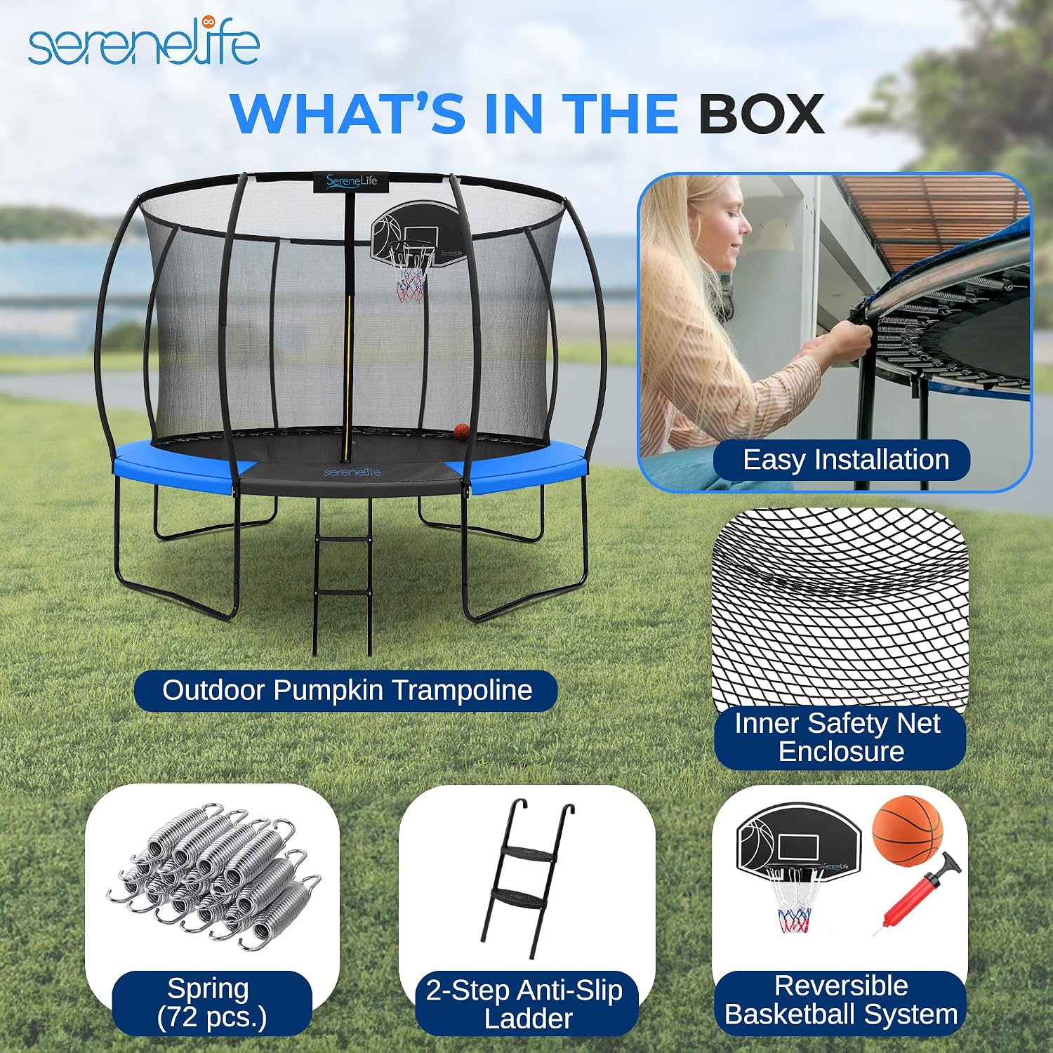SereneLife 8FT 10FT 12FT 14FT Outdoor Trampoline for Kids - Recreational Backyard Trampoline with Curved Safety Poles and Net Enclosure- ASTM Approval for Kids Adults