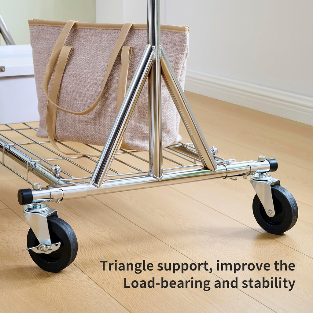 Heavy-Duty 600LBS Rolling Clothes Rack - Commercial-Grade, Adjustable, Extendable & Collapsible Garment Rack with Wheels and Triangular Stability Bracket