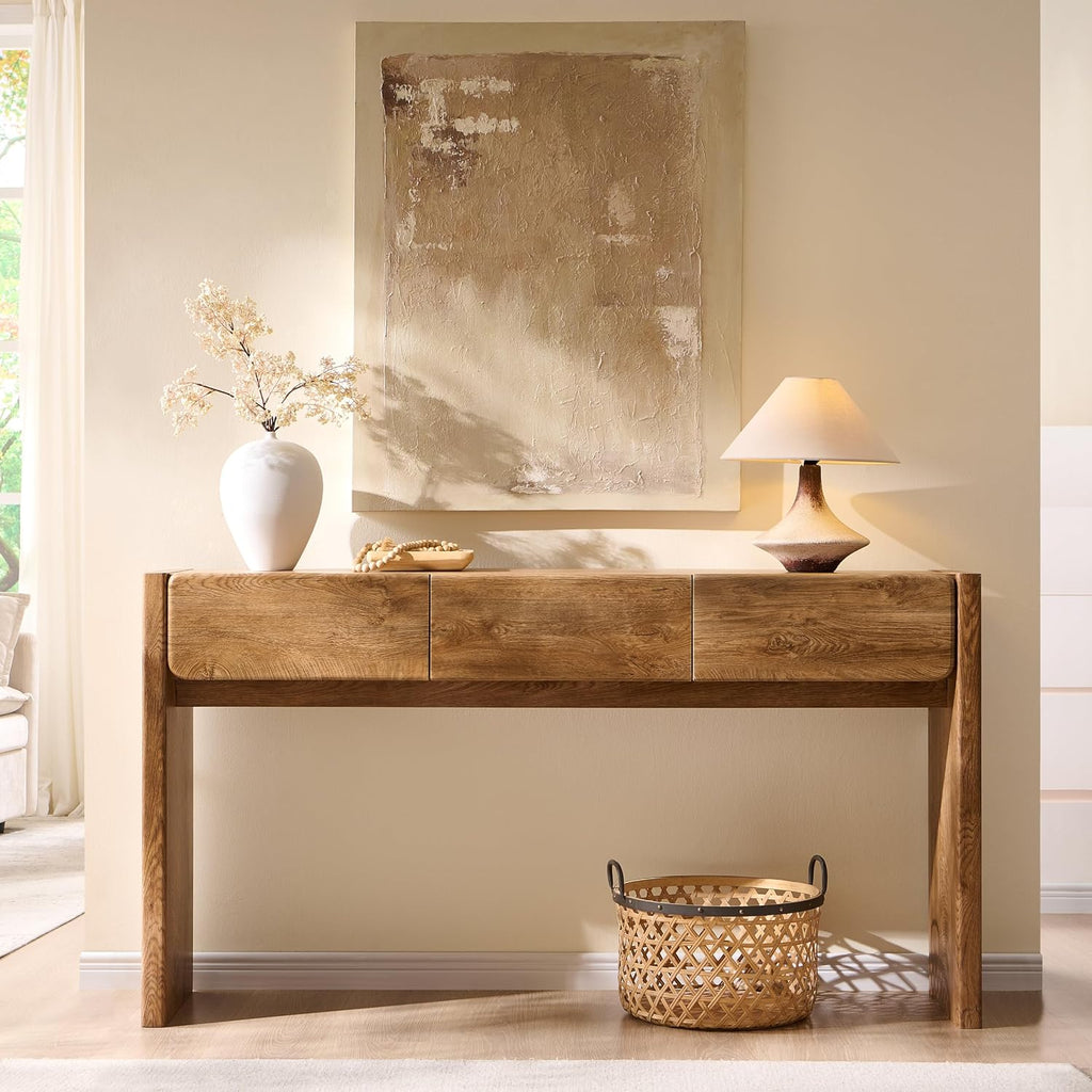 OKD 63'' Console Table with 3 Drawers, Farmhouse Entryway Table with Rounded Corners, Console Table Behind Couch for Living Room/Hallway-Light Knotty Oak