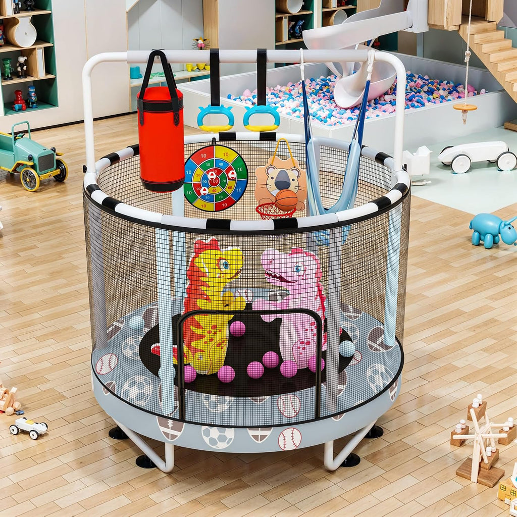 LAMERGE 55' 7-in-1 Round Trampoline for Kids Boys & Girls Ages 1-8, Indoor & Outdoor Trampoline for Fun, Adjustable Height Handrail ＆ Enclosed Safety Net ＆ Durable Designs for Toddlers Children