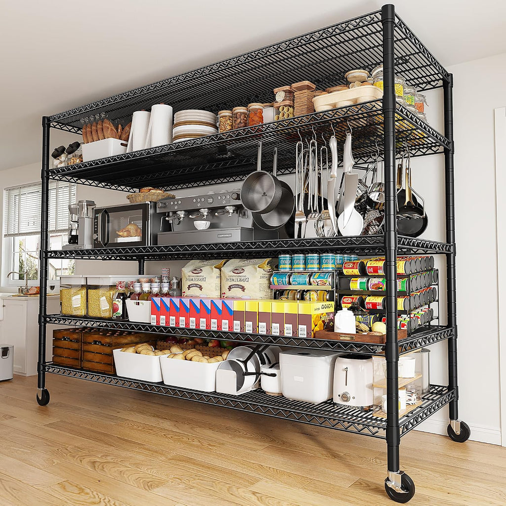 REIBII 85.7'H Garage Shelving 2998LBS Storage Shelves with Wheels&Feet,5 Tier Garage Shelves Heavy Duty Adjustable Wire Shelving for Basement Commercial Industrial Pantry, 85.7'H X 55.5'W X 24.2'D