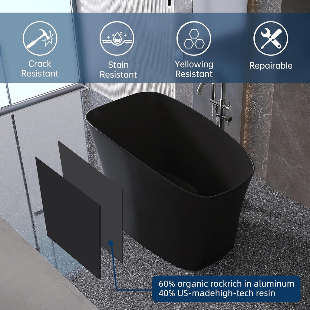 51'' Japanese Soaking Tub Freestanding Bathtub Resin Stone Bathtubs Deep soaking Tub with Overflow and Pop-up Drain - black