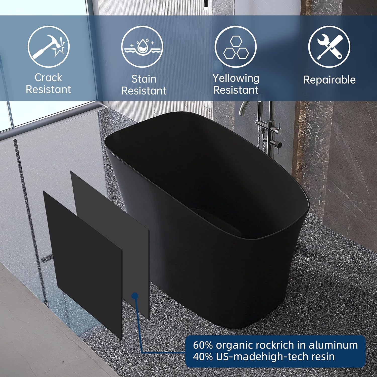 51'' Japanese Soaking Tub Freestanding Bathtub Resin Stone Bathtubs Deep soaking Tub with Overflow and Pop-up Drain - black