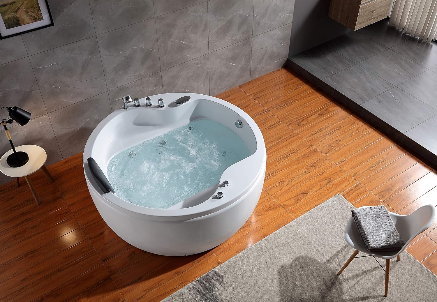 Empava 59' Acrylic Freestanding Whirlpool Bathtub Hydromassage Round Jetted Soaking Tub with Right Side Drain and Waterfall Faucet