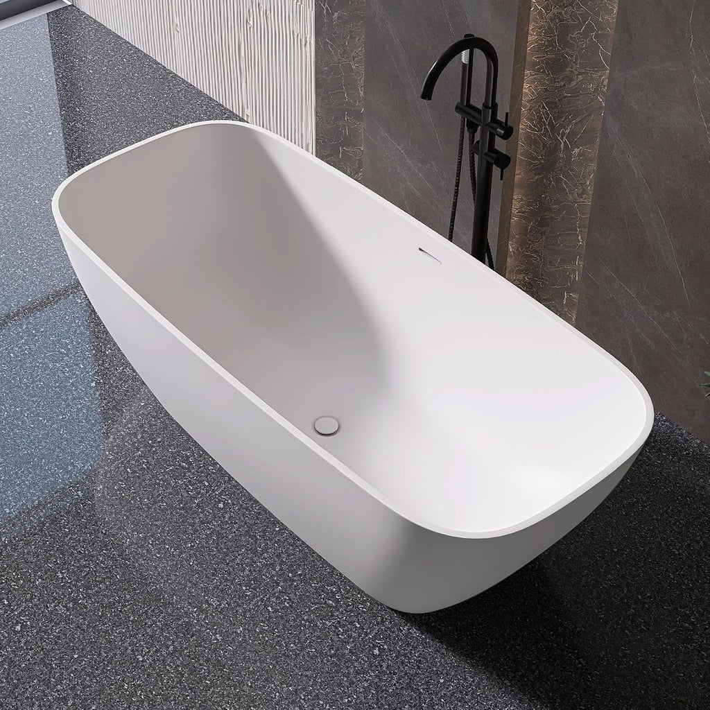 59'' Freestanding Bathtub Resin Stone Deep Soaking Tubs Solid Surface Matte Tub with Overflow and Pop-up Drain