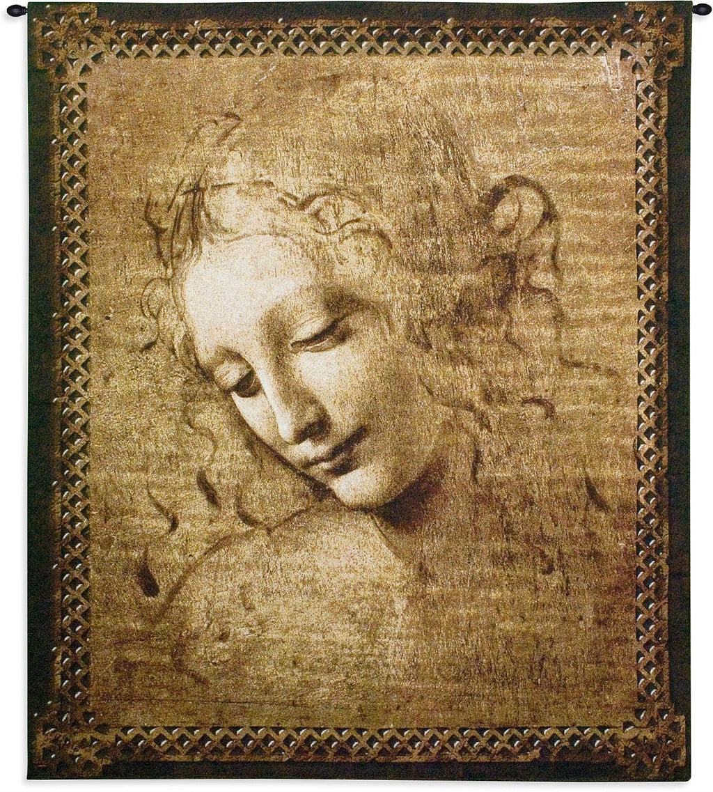 Head of a Woman by Leonardo da Vinci | Woven Tapestry Wall Art Hanging | Renaissance Oil Painting Masterpiece ??La Scapigliata? | 100% Cotton USA Size 53x45