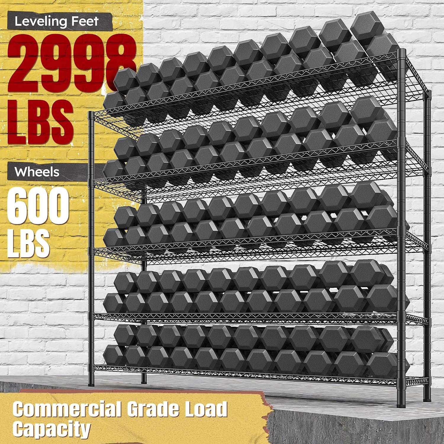 REIBII 85.7'H Garage Shelving 2998LBS Storage Shelves with Wheels&Feet,5 Tier Garage Shelves Heavy Duty Adjustable Wire Shelving for Basement Commercial Industrial Pantry, 85.7'H X 55.5'W X 24.2'D