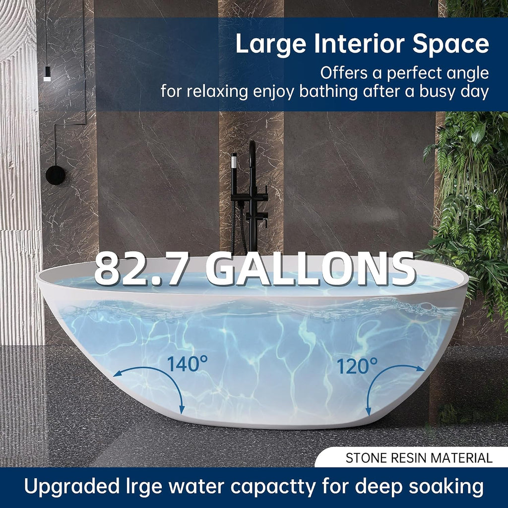 67' Stone Resin Freestanding Tub, Oval Solid Surface Bathroom Freestanding Bathtub, Thin Edge Stand Alone Tub with Integrated Slotted Overflow and Pop-up Drain, White 302-1700