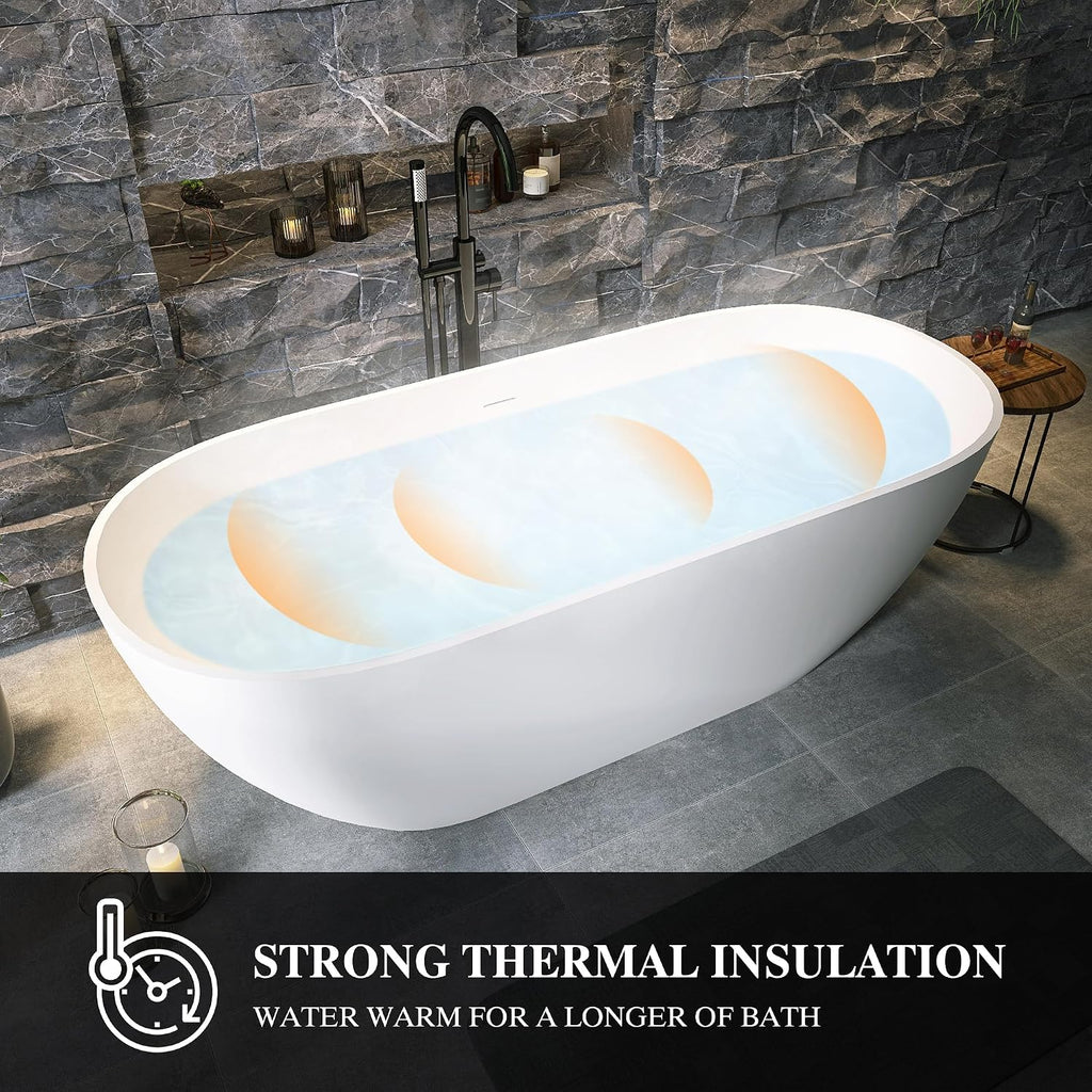 59' Resin Stone Freestanding Bathtub, Oval Solid Surface Freestanding Tub, Stand Alone Tub, Integrated Slotted Overflow and Pop-up Drain, Matte White