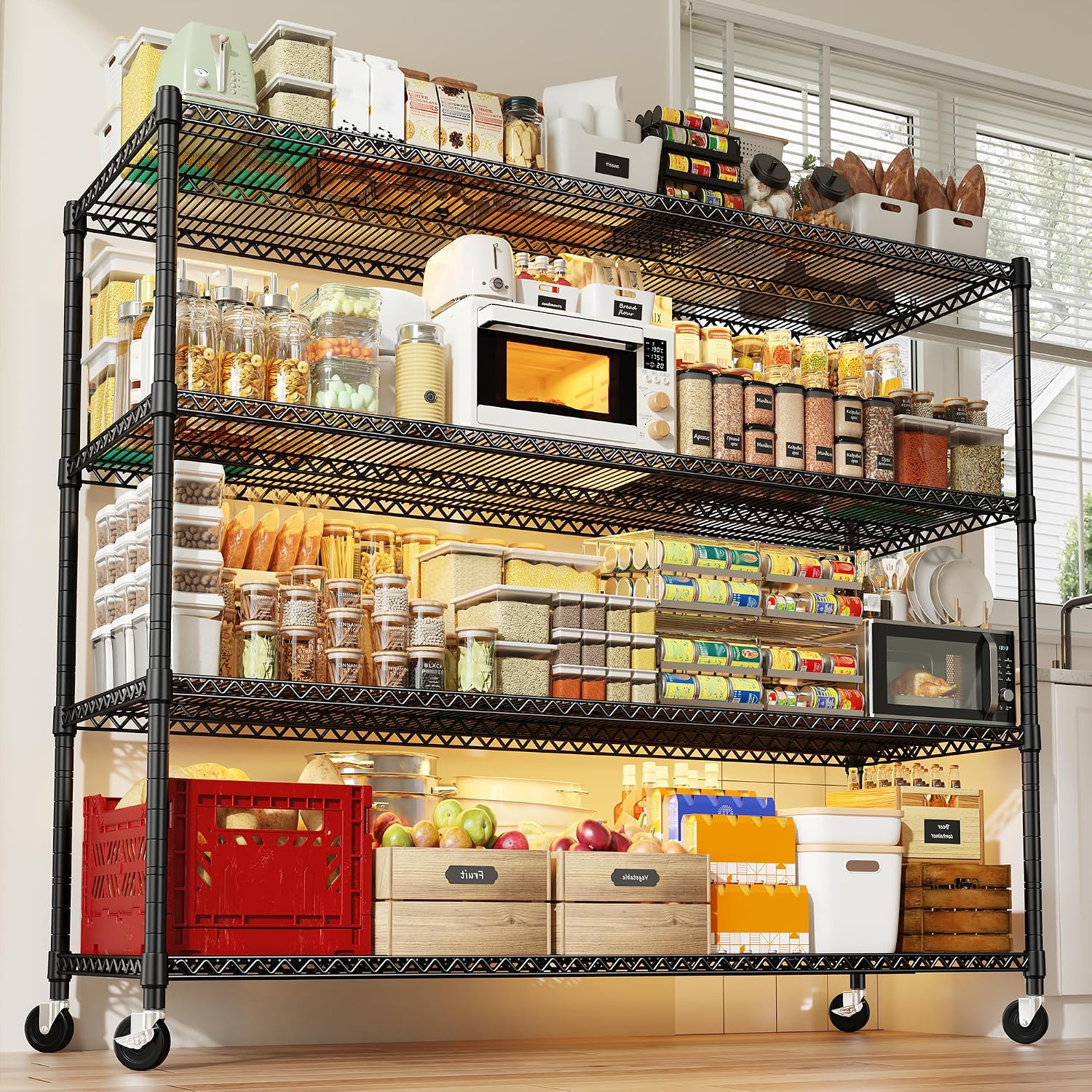 REIBII 60''W Storage Shelves 2399LBS Wire Shelving with Wheels Garage Shelving Heavy Duty Metal Shelves for Storage Rack Adjustable Shelf for Commercial Garage Kitchen, 60' W x 18' D x 65.5' H