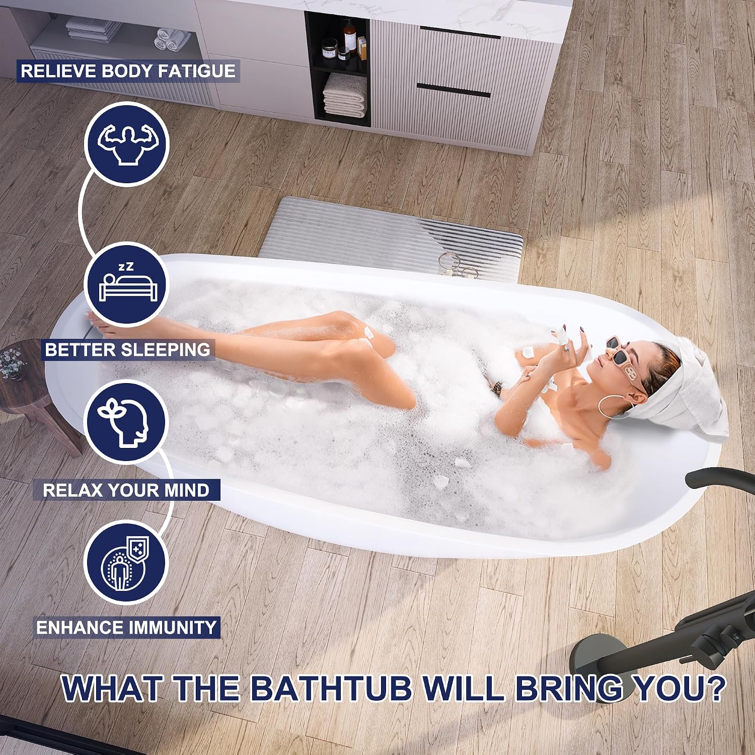 59' Acrylic Free Standing Tub, Stand Alone Tub, Freestanding Bathtub, Soaking Bathtub, cUPC Certified, CM(Glossy White)