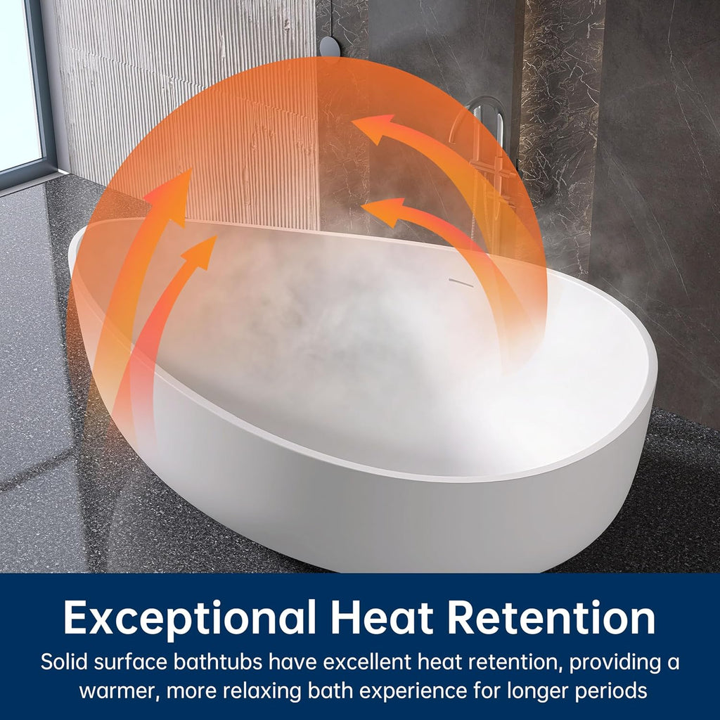 Stone Resin Freestanding Bathtub 71', Elegant Oval Shape Soaking Tub, Solid Surface Stand Alone Bathtub with Drain & Integrated Slotted Overflow Matte White AMMG015-1800