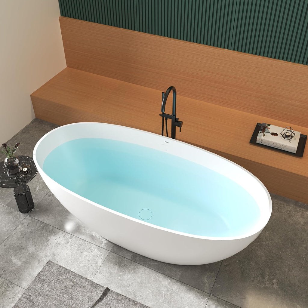 FerdY Goa 67' Resin Stone Freestanding Bathtub, Elegant Oval Freestanding Bathtub, Solid Surface Bathtub, Matte White, cUPC Certified, Minimalist Linear Design Overflow and Pop-Up Drain Pipe
